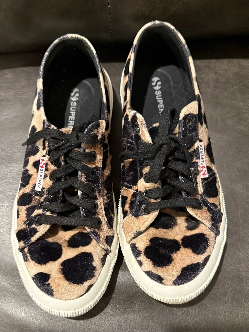 Superga Black and Tan Leopard Print Velvet Sneakers - Picture 3 of 7